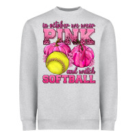 Heather Grey In October We Wear Pink and Watch Softball Heavyweight Sweatshirt - texasbilliewilder
