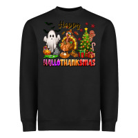 Black Happy Hallothanksmas with ghost turkey and tree Heavyweight Sweatshirt - texasbilliewilder
