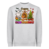 Heather Grey Happy Hallothanksmas with ghost turkey and tree Heavyweight Sweatshirt - texasbilliewilder