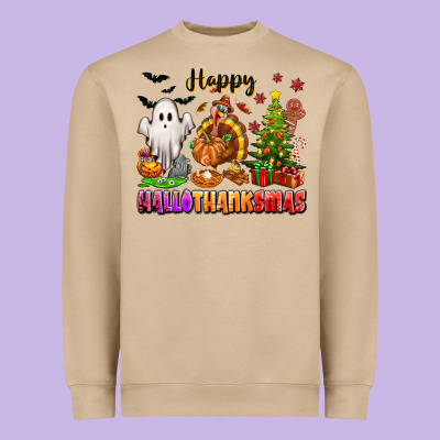 Happy Hallothanksmas With Ghost Turkey And Tree Heavyweight Sweatshirt Designed By Texasbilliewilder