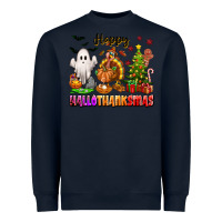Navy Happy Hallothanksmas with ghost turkey and tree Heavyweight Sweatshirt - texasbilliewilder