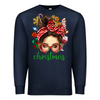Navy Christmas Messy Bun With Gingerbread Man Premium Sweatshirt - BundleAndBundleShop