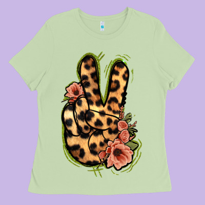 Leopard Floral Peace Sign Ladies Tee Designed By Jasminsmagicworld