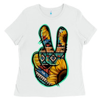 White Aztec Sunflower Peace Sign Ladies Tee - Jasminsmagicworld
