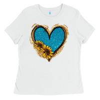 White Gold Glitter Sunflower Blue Heart Ladies Tee - Jasminsmagicworld
