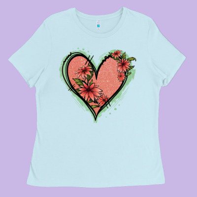 Pink Glitter Floral Heart Ladies Tee Designed By Jasminsmagicworld