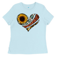 Baby Blue western sunflower cowhide  heart Ladies Tee - Jasminsmagicworld