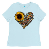 Baby Blue western sunflower leopard cowhide heart Ladies Tee - Jasminsmagicworld