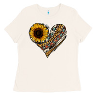 Bone western sunflower leopard cowhide heart Ladies Tee - Jasminsmagicworld
