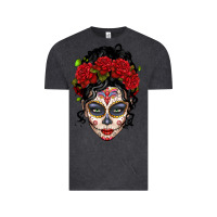 Vintage Black mexican sugar skull messy bun woman Vintage Tee - LillyAllenDesigns