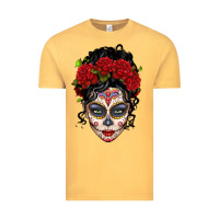 Vintage Mustard mexican sugar skull messy bun woman Vintage Tee - LillyAllenDesigns