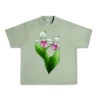 Oil Green Pink And White Lady's Slipper Flower Urban Heavy Tee - LillyAllenDesigns