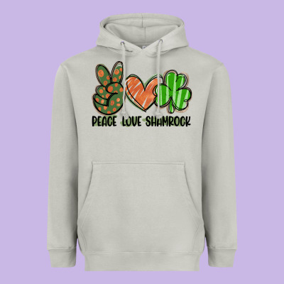 Peace Love Shamrock Heavyweight Hoodie Designed By Fadigitalartstudio