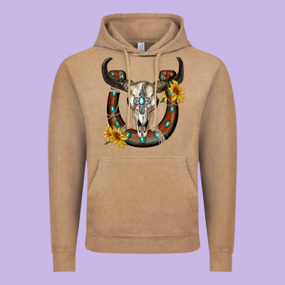 Bull Skull With Horseshoe Vintage Hoodie Designed By Ranaportraitstore