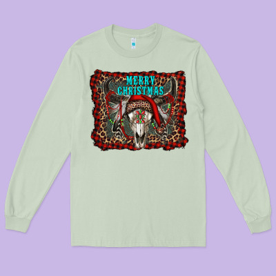 Merry Christmas Bull Skull Long Sleeve Tee Designed By Ranaportraitstore