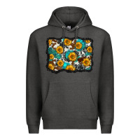 Charcoal Heather cowhide  turquoise sunflowers pattern olivia Premium Hoodie - OliviaCreatesArt