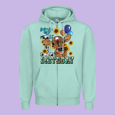 My First Birthday Baby Cow Sunflower Zipper Hoodie Designed By Howdyjamesfarm