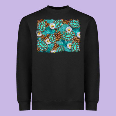 Leopard And Turquoise Gemstone Background Heavyweight Sweatshirt Designed By Texasbilliewilder