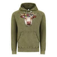 Vintage Olive hereford cow with floral headband Vintage Hoodie - RanaPortraitStore