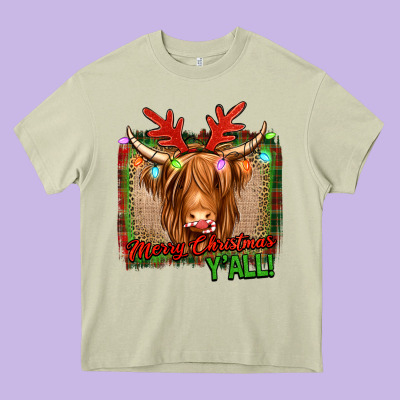 Merry Christmas Y'all Highland Cow Heavy Core Tee Designed By Jasminsmagicworld
