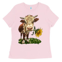 Bubblegum Pink hereford heifer with sunflower Ladies Tee - LillyAllenDesigns