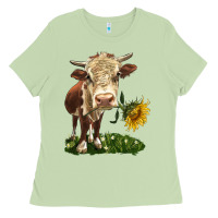 Matcha hereford heifer with sunflower Ladies Tee - LillyAllenDesigns