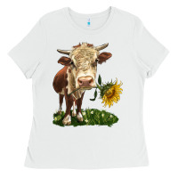 White hereford heifer with sunflower Ladies Tee - LillyAllenDesigns