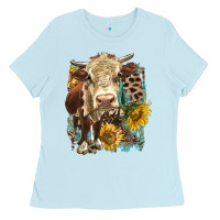 Baby Blue Hereford heifer with sunflower and leopard Ladies Tee - LillyAllenDesigns