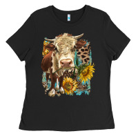 Black Hereford heifer with sunflower and leopard Ladies Tee - LillyAllenDesigns