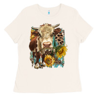Bone Hereford heifer with sunflower and leopard Ladies Tee - LillyAllenDesigns