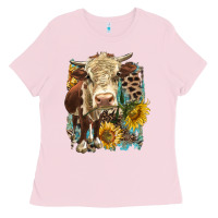 Bubblegum Pink Hereford heifer with sunflower and leopard Ladies Tee - LillyAllenDesigns