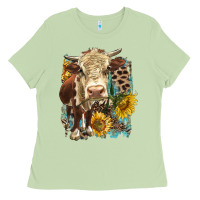 Matcha Hereford heifer with sunflower and leopard Ladies Tee - LillyAllenDesigns