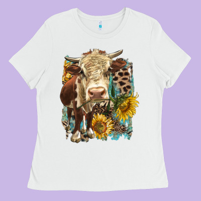 Hereford Heifer With Sunflower And Leopard Ladies Tee Designed By Lillyallendesigns