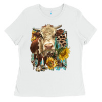 White Hereford heifer with sunflower and leopard Ladies Tee - LillyAllenDesigns