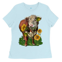 Baby Blue hereford bull with sunflowers Ladies Tee - LillyAllenDesigns