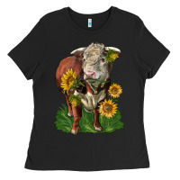 Black hereford bull with sunflowers Ladies Tee - LillyAllenDesigns