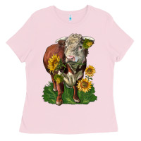 Bubblegum Pink hereford bull with sunflowers Ladies Tee - LillyAllenDesigns