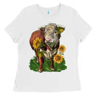 White hereford bull with sunflowers Ladies Tee - LillyAllenDesigns