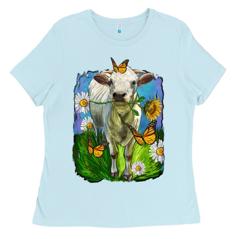 Charolais Heifer With Sunflower And Daisies Ladies Tee by LillyAllenDesigns | Teevron