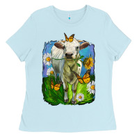 Baby Blue charolais heifer with sunflower and daisies Ladies Tee - LillyAllenDesigns