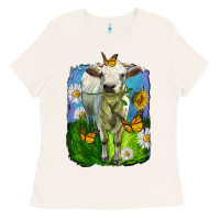 Bone charolais heifer with sunflower and daisies Ladies Tee - LillyAllenDesigns