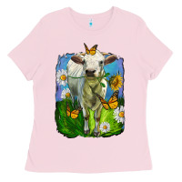 Bubblegum Pink charolais heifer with sunflower and daisies Ladies Tee - LillyAllenDesigns