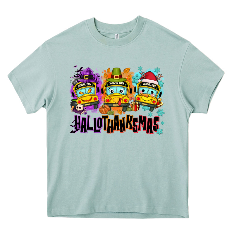 Happy Hallothanksmas School Bus Heavy Core Tee by NancyCooperArtShop | Teevron