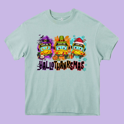 Happy Hallothanksmas School Bus Heavy Core Tee Designed By Nancycooperartshop