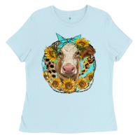 Baby Blue simmental heifer with sunflowers and leopard Ladies Tee - LillyAllenDesigns
