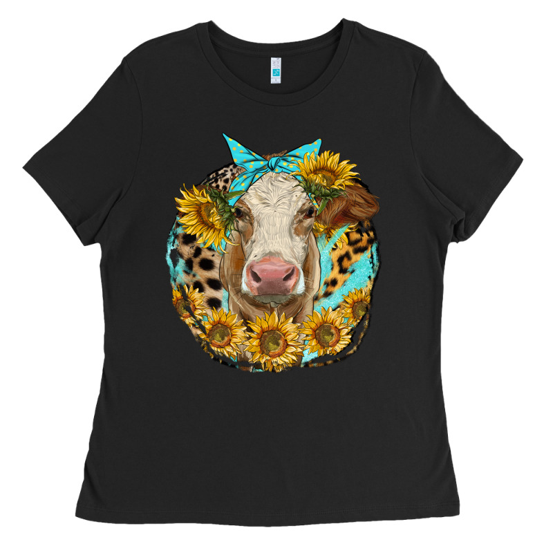 Simmental Heifer With Sunflowers And Leopard Ladies Tee by LillyAllenDesigns | Teevron