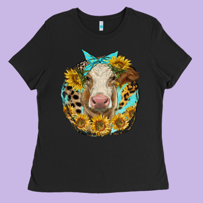 Simmental Heifer With Sunflowers And Leopard Ladies Tee Designed By Lillyallendesigns