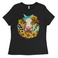Black simmental heifer with sunflowers and leopard Ladies Tee - LillyAllenDesigns