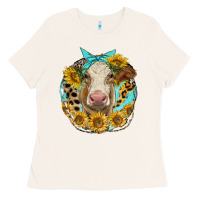Bone simmental heifer with sunflowers and leopard Ladies Tee - LillyAllenDesigns