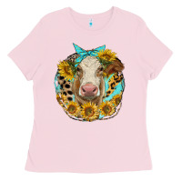 Bubblegum Pink simmental heifer with sunflowers and leopard Ladies Tee - LillyAllenDesigns